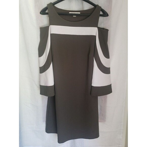 Boston Proper Dress Sz M Color Block Cold Shoulder Olive Green (Light Staining) - Picture 14 of 16